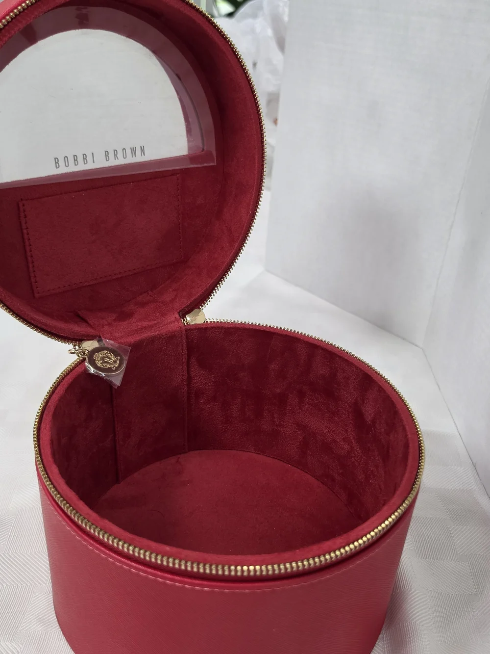 Bobbi Brown Red Round Cosmetic Case with Gold Hardware
